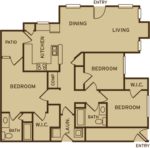 Park at Kirkstall Apartments 3 bedroom 2 bathroom floor plan